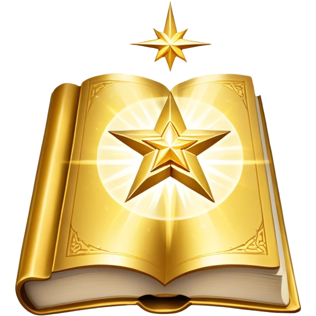 A shimmering gold book with a radiant glow, floating slightly as if under a spotlight. Its cover features a bold, star-like sigil ✨, symbolizing influence and magnetism. Light halo effects or sparkles surround it, giving off an aura of effortless charm and star power. emoji