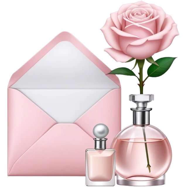 white rose next to a pearl-colored envelope and a flacon of aesthetically pleasing perfume in powder pink  emoji