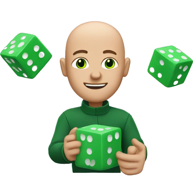 a guy with bald hair and green eyes with floating dice in hands emoji