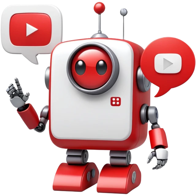 A cute 3D robot mascot icon with YouTube-style play button eyes and a speech bubble, red and white color scheme, friendly and approachable design, perfect for AI chat interface emoji