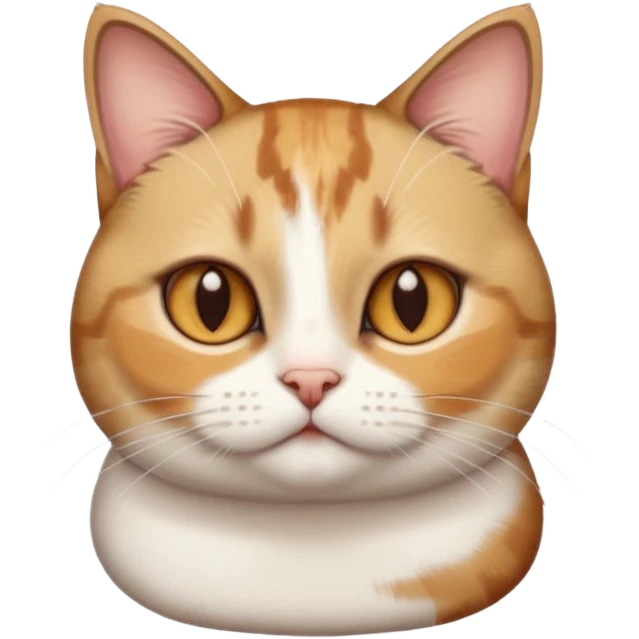 torbie and white cat with small head, hazel eyes, and short but chubby body emoji