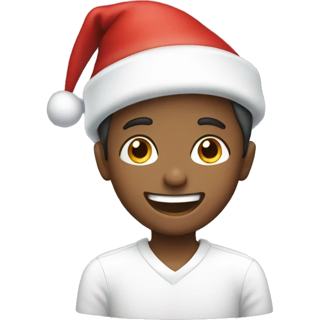 smiling boy in white shirt and a Christmas hat  emoji
