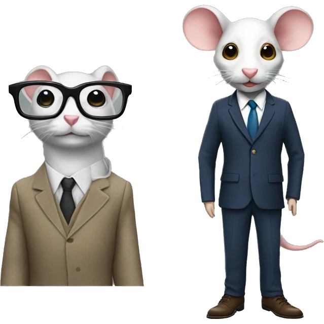 A human in a class suit and shoes with a rat head with glasses emoji