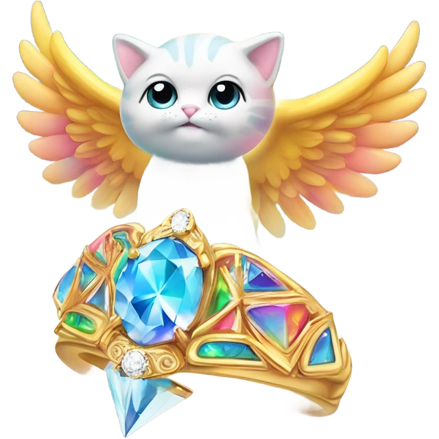 Heavenly Rainbow 4d Diamond ultra Omni-Cat God with wings and a ring around its body and another ring above it’s head  emoji