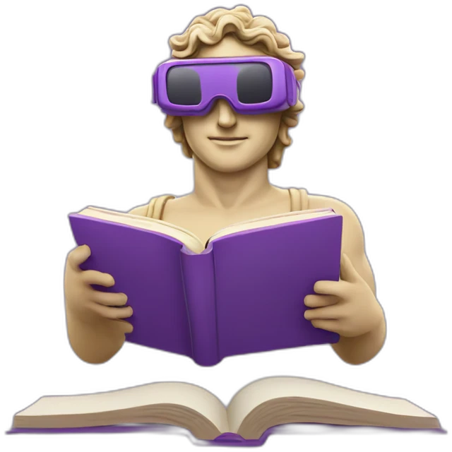 an EMOJI OF A ancient young greek statue reading a book, wearing VR glasses, purple colors, DIGITAL UNIVERSE emoji