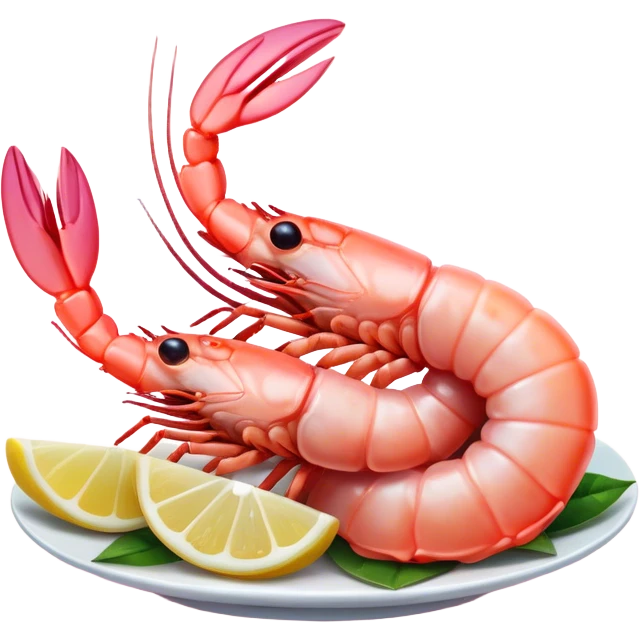 Cinematic glistening shrimp, pink and juicy, slightly curled with a light char, served with lemon wedges, ultra-detailed and fresh, warm glowing background. emoji