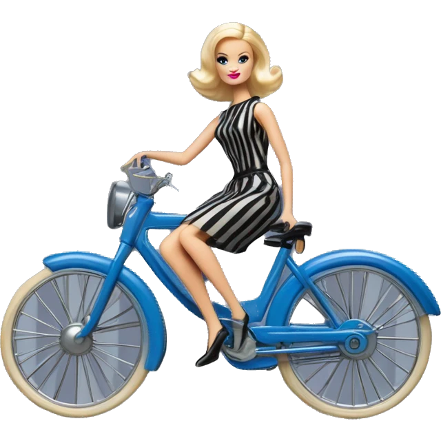 Blonde Silkstone Barbie enid sinclair from academy in blue and black vertically-striped classic dress riding bikes with crows emoji