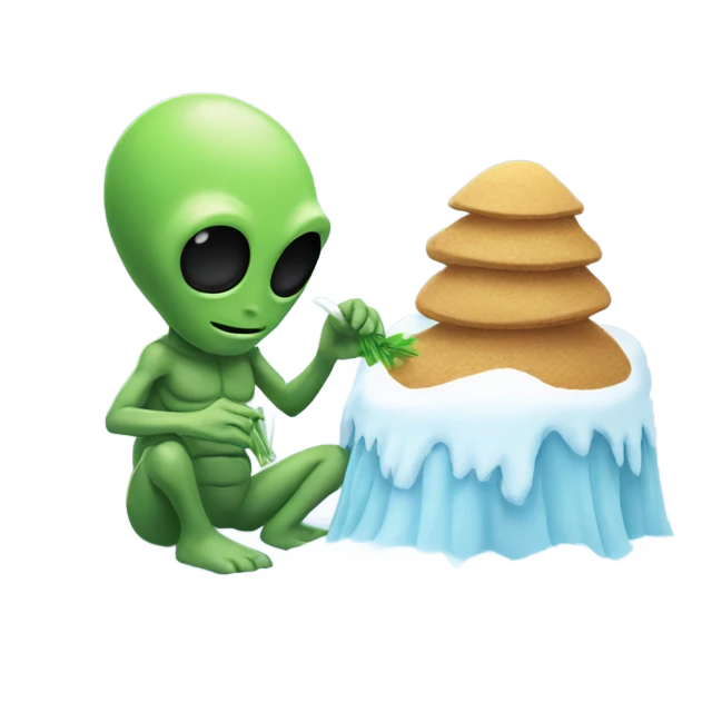 alien holding a small straw next to a mound of snow emoji