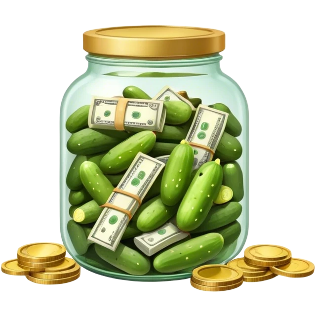 банка с маринованными огурцами и пачками денег с монетами emoji