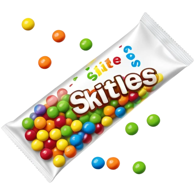 A Skittles candy package opened from the top with green candies spilling out. Minimalist design with rainbow packaging. emoji