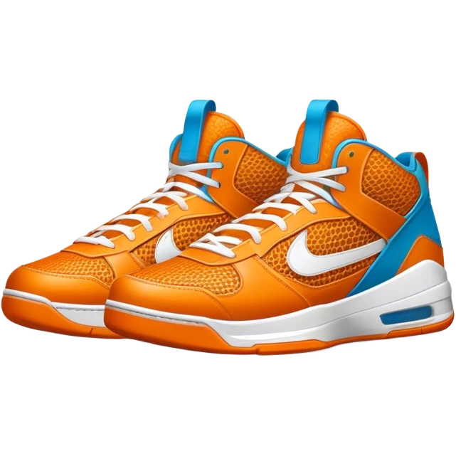 Cinematic Realistic image of a pair of basketball sneakers featuring detailed mesh and leather textures, vibrant color accents and dynamic design lines, illuminated by bold, high-energy arena lighting emoji