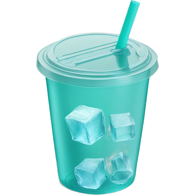 Realistic plastic cup and lid with Transluscent teal and large ice cubes inside and one straw through the top of the lid. emoji