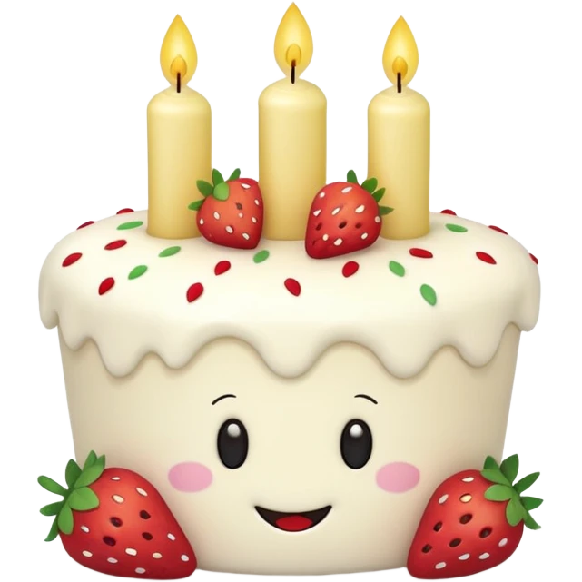 Jellycat vanilla cake with white frostting and strawberries on top with one candle with smiley face and legs emoji