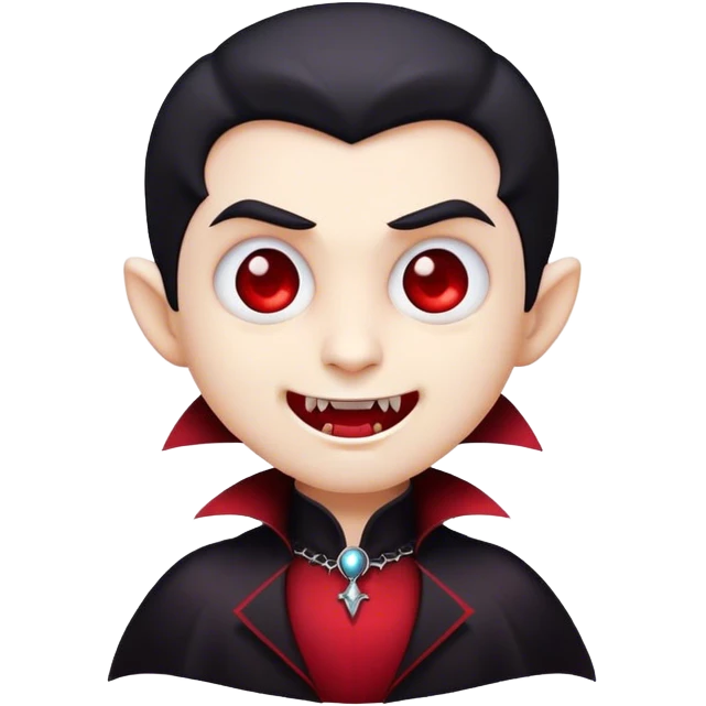 Cinematic Cute Vampire Portrait Emoji, with a refined yet playful small, rounded pale face accented by tiny, cute fangs and bright, twinkling eyes, sporting miniature elegant dark attire with a hint of crimson, simplified yet irresistibly charming, highly detailed with a soft glowing outline that captures the delightful duality of spooky sweetness and stylish allure! emoji