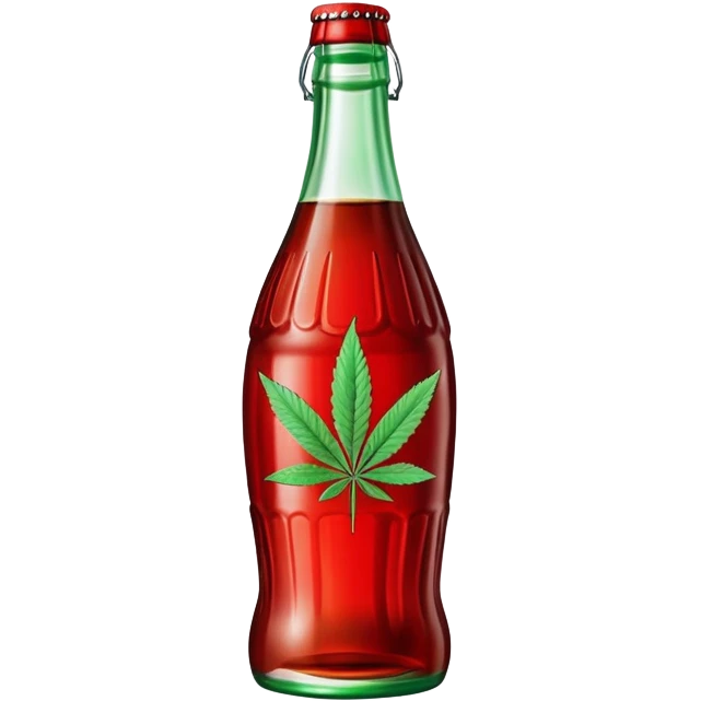 Classic Coca-Cola shaped glass bottle with curved contours, red color, with a cannabis leaf emoji