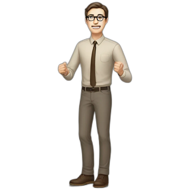 Full height Actively gesturing with hands Pale skinned fit man with dark brown hair in gray jacket, beige office shirt, brown tie, brown pants and vintage glasses. emoji