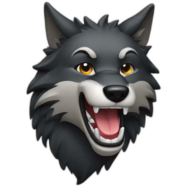 dark wolf head in profile looking to right with open mouth smiling and blinking with on eye emoji