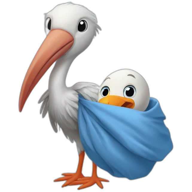 White stork carrying a blue bundle of cloth in its big beak that has a cute human person cute baby boy inside and his head is peeking from the fabric the strok is carrying in its beak emoji