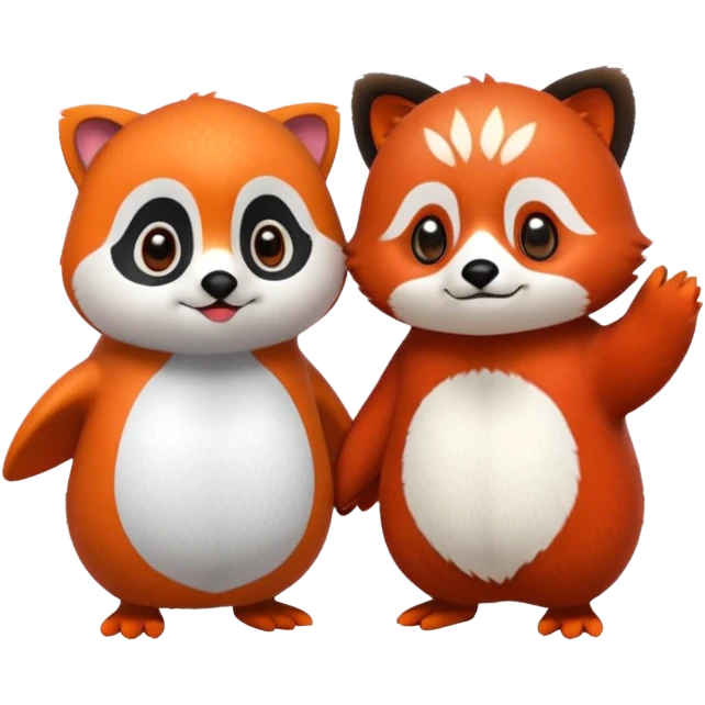 A cartoon  cute one penguin and one red panda holding "hands" emoji