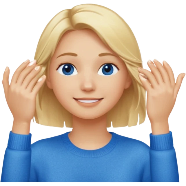 Girl massaging her head with blonde wet hair with anti-dark circles patches in her eyes dressed in a blue sweater with a smile emoji