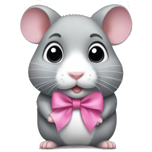 A full-body grey hamster, with 4 paws and with a small pink bow on the head emoji