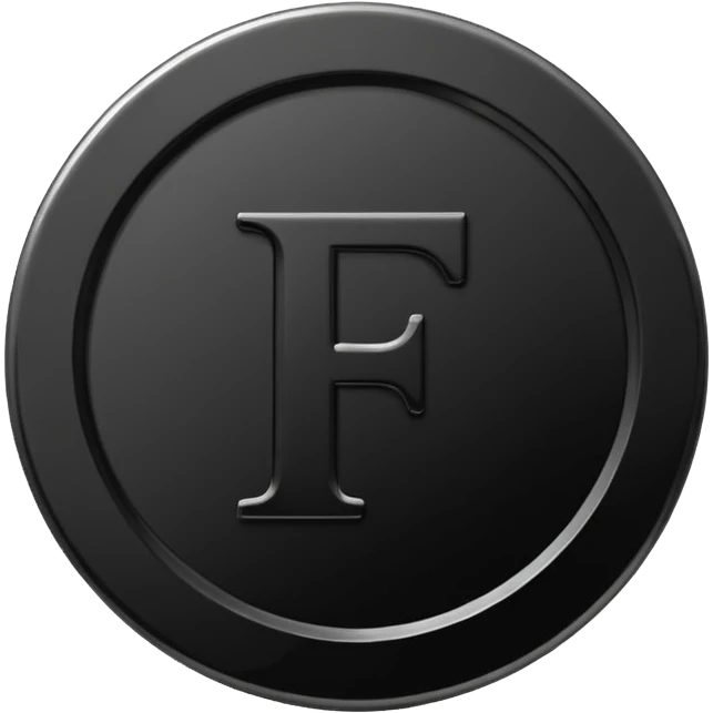 Emoji icon of a black coin with engraved letter F, minimalist style, isolated, no color emoji