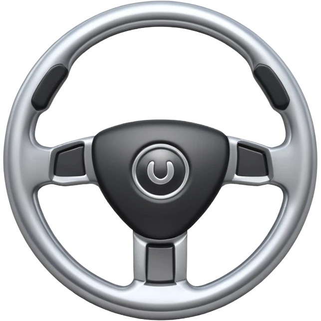 A futuristic steering wheel emoji made of silver chrome, minimal geometric design, smooth metallic surface, soft reflections, iOS emoji style, centered, clean white background emoji