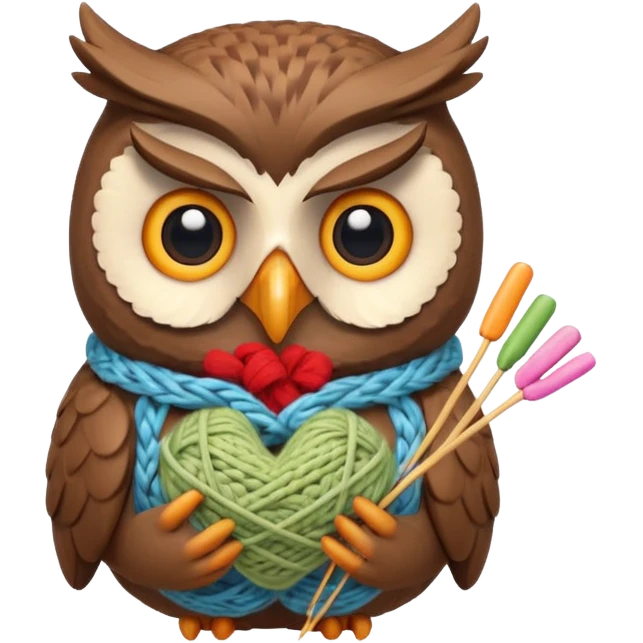 knitting owl portrait, head and shoulders only, cute owl holding knitting needles and yarn, cozy expression, warm handmade vibe, soft feathers, 3D cartoon style, mobile game icon style, clean background, no text, no watermark
 emoji