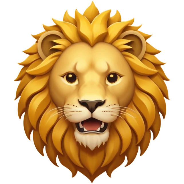 Roaring lion head icon, flat design, simple shapes, golden mane, sun behind, minimal details, solid colors, app icon style emoji