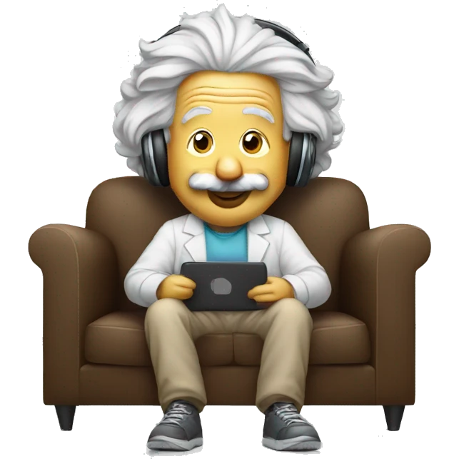 albert einstein happy listening music with wireless headphones while sitting on the couch emoji
