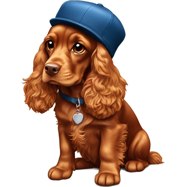 A full-length, adult, red cocker spaniel in a New Year's cap, siting emoji