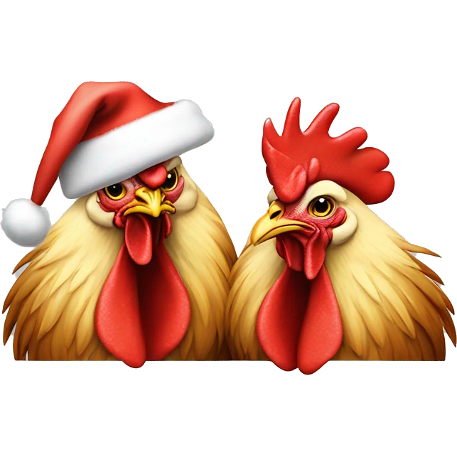 One rooster and two hens wearing Santa hats. emoji