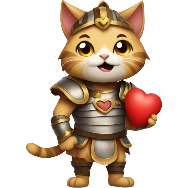 Cat gladiator holding a heart with a laughing crying face {happy}  emoji