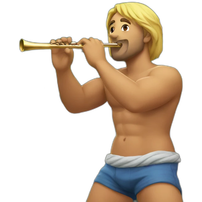 Shirtless man blowing a flute in the bushes emoji