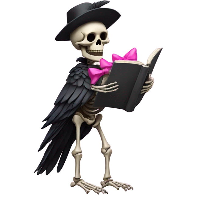 Skeleton reading with the pink bow and a raven emoji