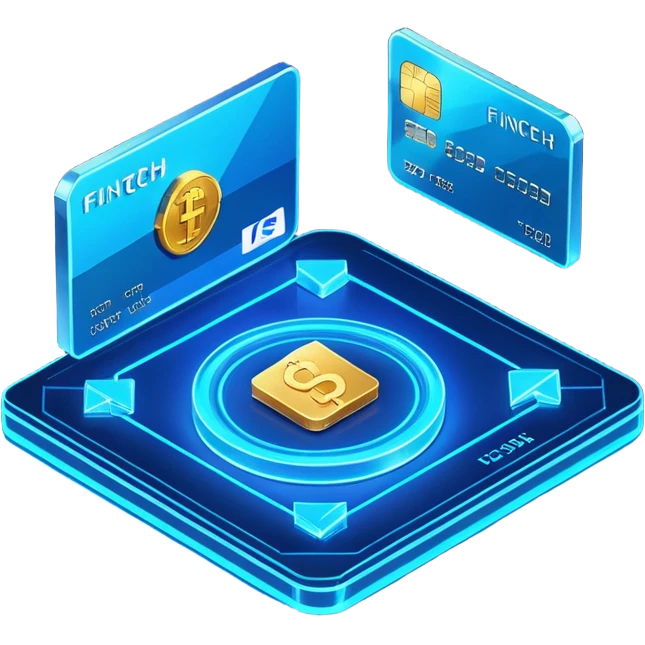 3D isometric fintech illustration, rotated to the left, neon blue lighting, instant crypto transfer, glowing coin, dynamic holographic arrows, metallic and glass textures, two isometric credit cards in the background, volumetric glass elements with realistic reflections emoji