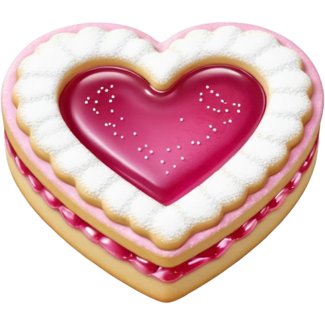 Realistic shortbread cookie in the shape of a heart with pink jelly middle filling and sprinkled powder sugar on top. emoji