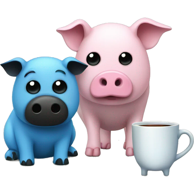 A blue Kala with a white stomach and black eyes and nose having tea with a green pig with black eyes and a pink nose emoji