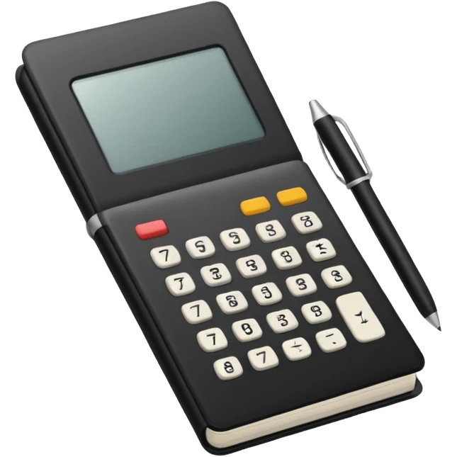 Minimalistic flat vector icon, iOS style, thin black contour on white background. Small black notebook with visible binding, placed next to a calculator. Clean, modern, no text, no shadows. emoji