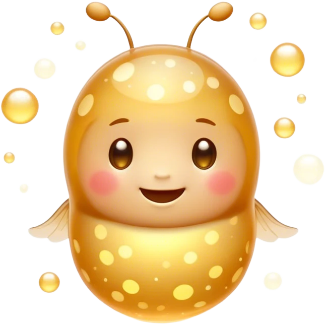 Cinematic tiny glowing firefly, round and chubby, soft golden light, tiny happy face, gentle floating motion, surrounded by dreamy sparkling dots. emoji