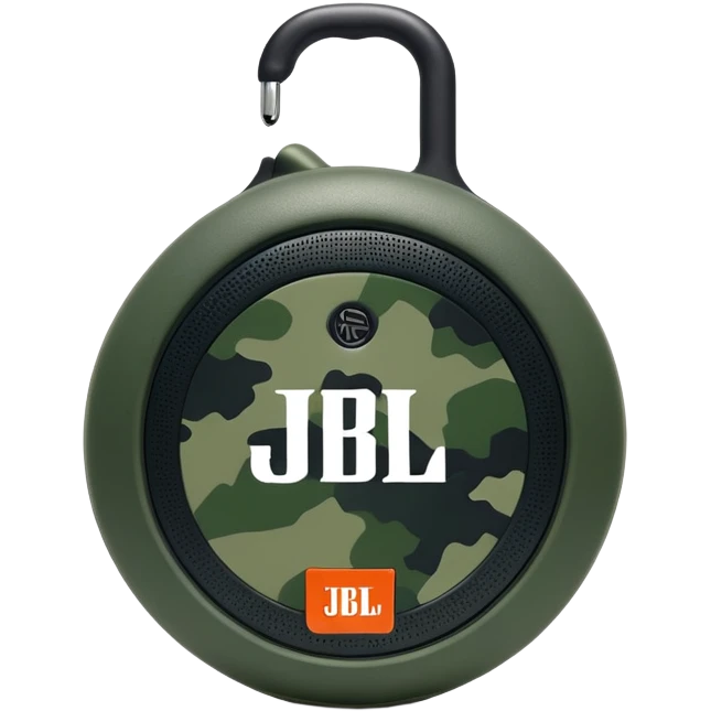 Super simplified JBL Clip 4, basic round speaker with hook, minimal green camouflage pattern, clear JBL logo, iOS emoji style emoji