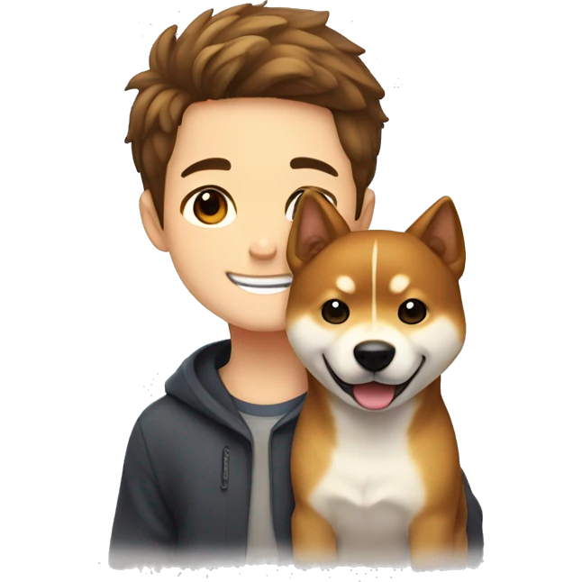  boy with brown hair with brown eyes and wide brows 12 years smiling and hugging dog shiba inu  emoji