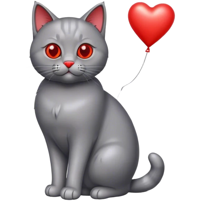 gray British cat and red heart metallic baloon emoji