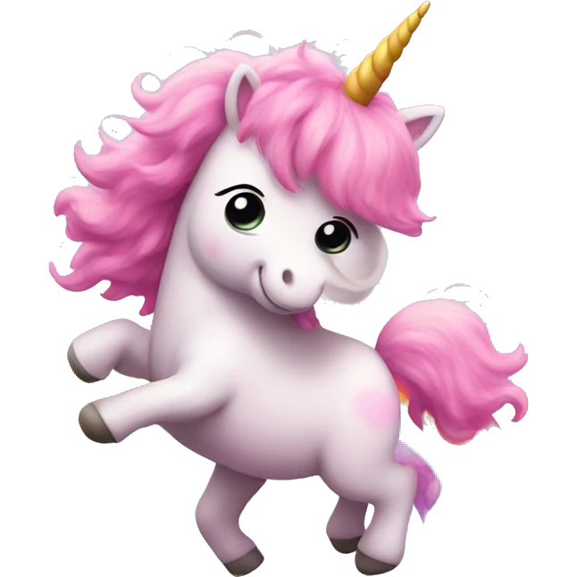 Pink fluffy unicorn dancing on rainbow emoji