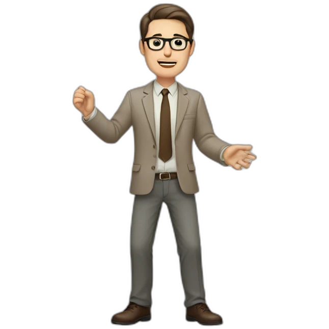 Full height Actively gesturing with hands Pale skinned fit man with dark brown hair in gray jacket, beige office shirt, brown tie, brown pants and vintage glasses. emoji
