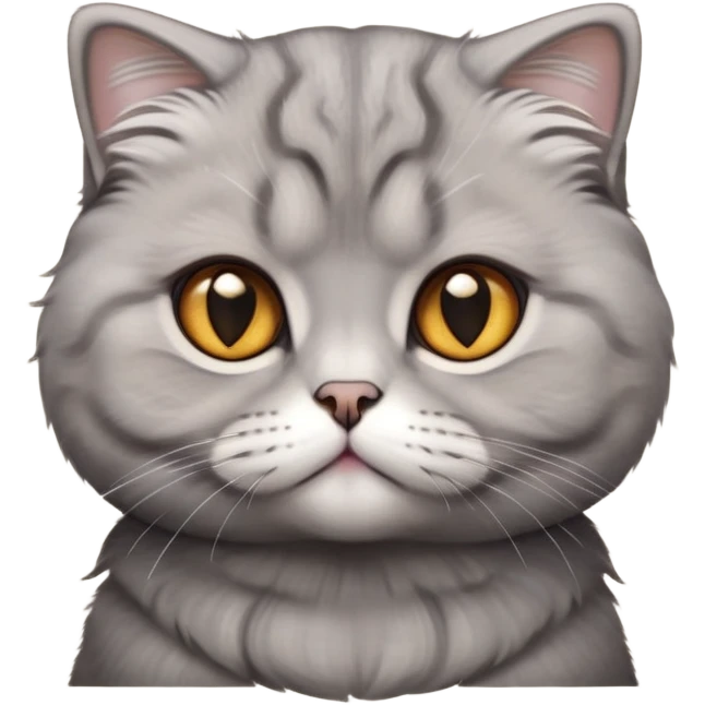 Cinematic-Fluffy-Grey-Scottish-Fold-Cat-Portrait-Emoji – Head tilted cutely with big, sparkling amber eyes, soft solid grey fur, and signature small folded ears pressed gently against its round head, simplified yet irresistibly adorable features, highly detailed, glowing with a soft and warm charm. emoji