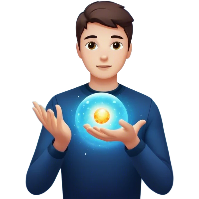 A young man floats in space, touching a particle that glows and expands, shaping the universe around him. Each touch creates new light, symbolizing how his choices build his own reality. emoji