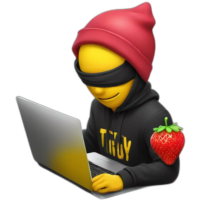 a guy with a strawberry head wearing a thief's outfit, he's in front of a laptop with a mask over his eyes and a thief's cap, on his back he has a yellow thug bag with a dollard sign on it. emoji