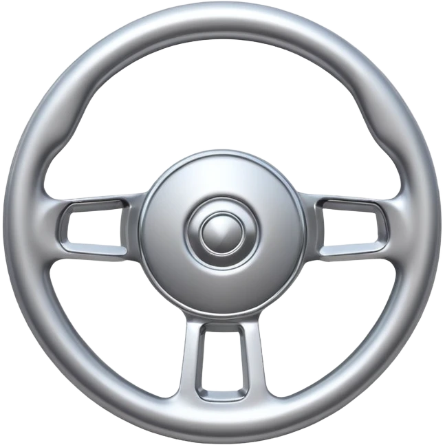 A futuristic steering wheel emoji made of silver chrome, minimal geometric design, smooth metallic surface, soft reflections, iOS emoji style, centered, clean white background emoji