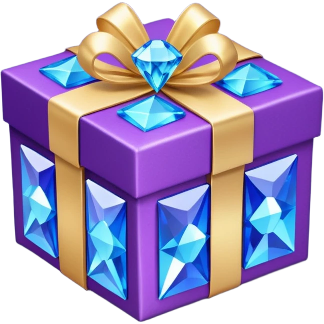  gift box . The square box displays vibrant purple panels with shimmering blue accents and intricate metallic detailing along its borders. Embed decorative gemstones and crystals at each corner for added visual interest. emoji